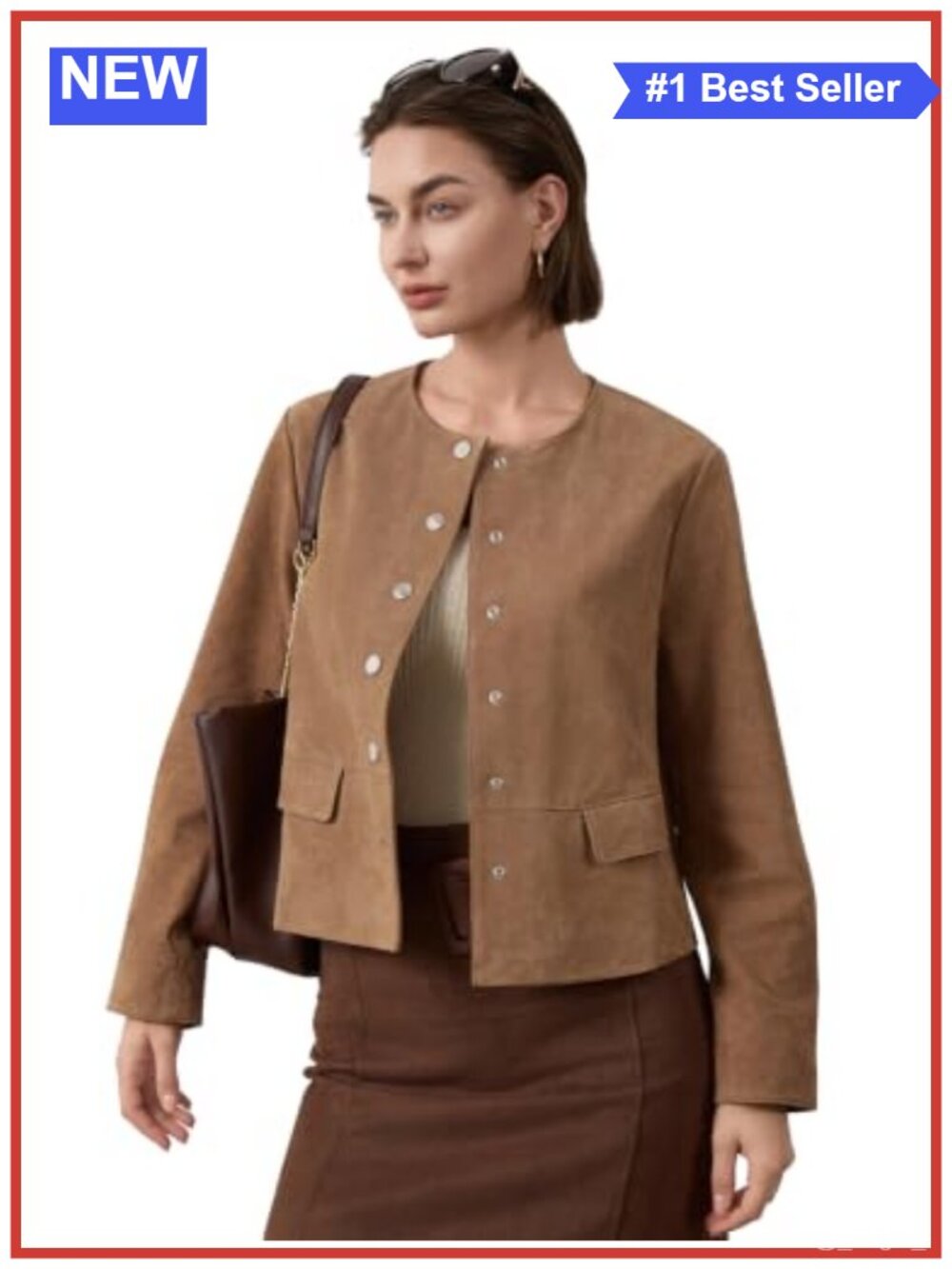 Women's Real Pigskin Suede Leather Jacket Cropped Button Down Coat